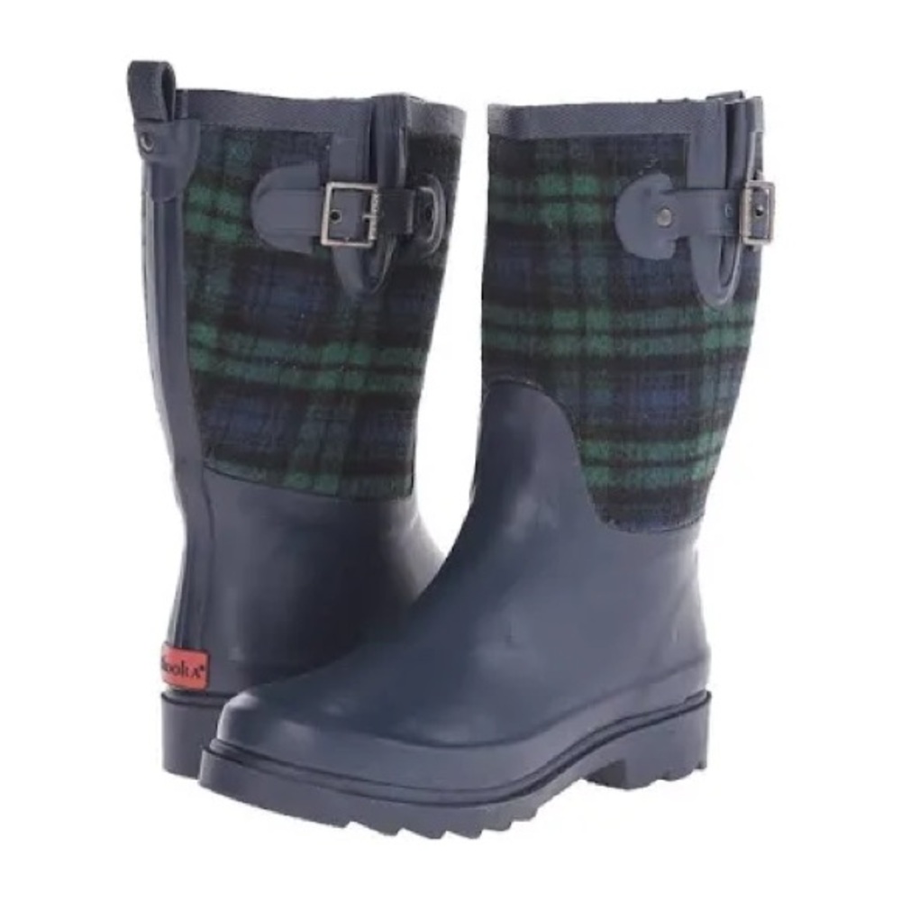Chooka Women’s Euro Plaid Mid Rain Boots Navy & 
Green Plaid, Size 6